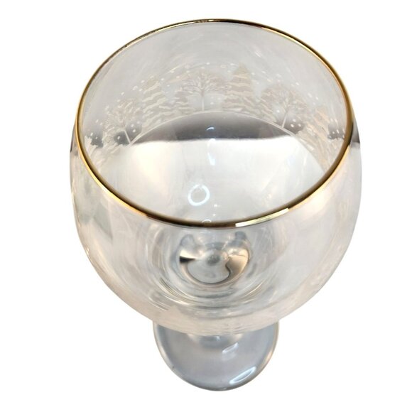 Libbey Arbys Winter Wonderland Frosted Set Scene Gold Rim Wine Glass Pair Vintag - Picture 7 of 9